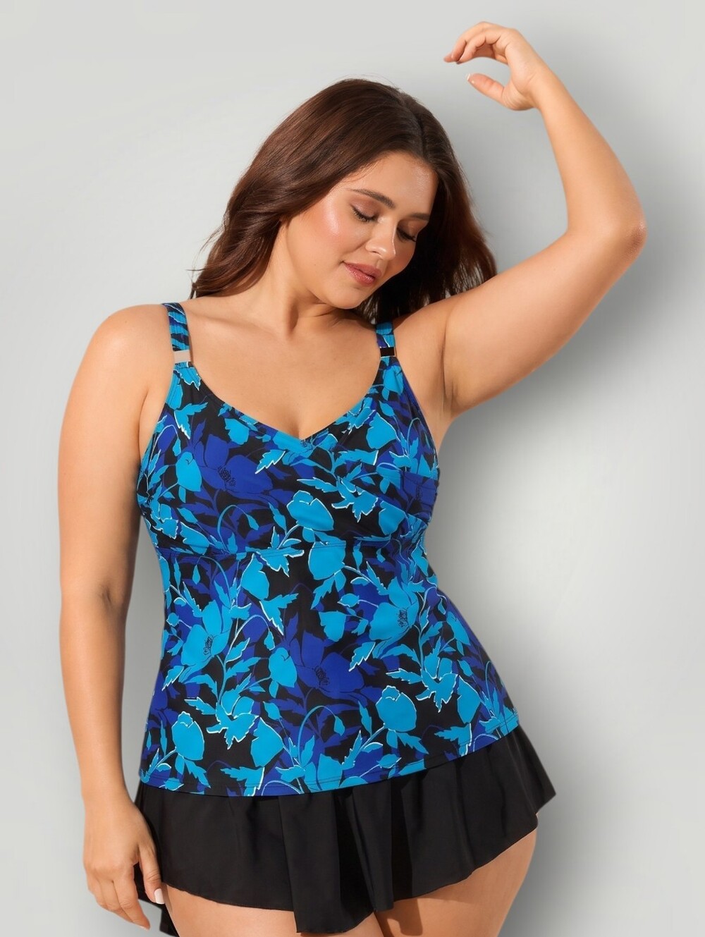 Miraclesuit Tankini Top 38D Blue Floral Surplice Wrap Underwire Tummy Control